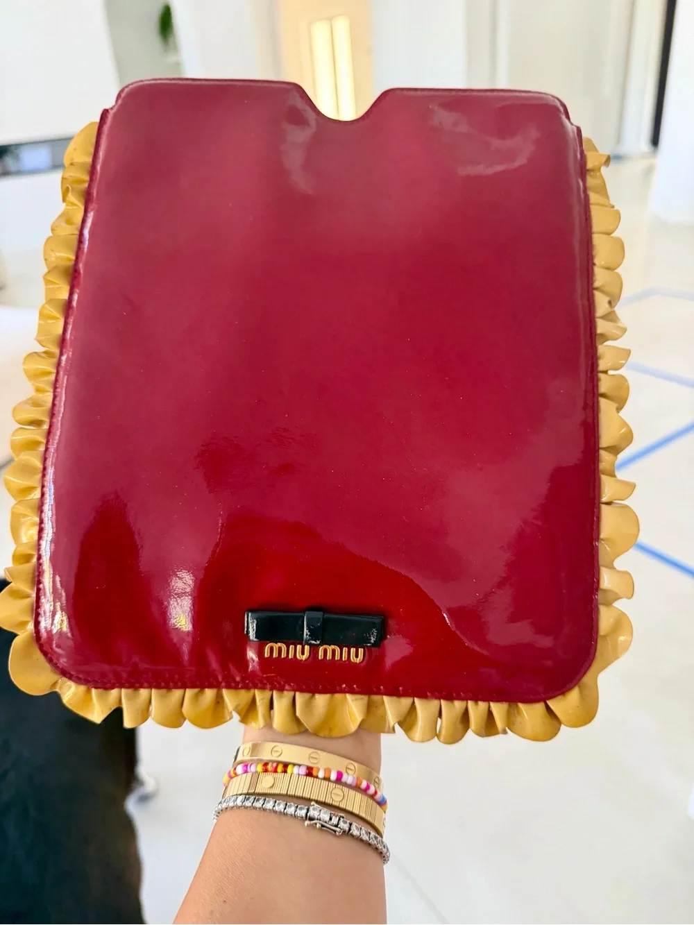 Miu Miu Burgundy Patent Leather Ruffle-Trim bag